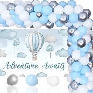 Blue Hot Air Balloon Baby Shower Decorations Hot Air Balloon Baby Shower Backdrop with Balloon Garland Kit Adventure Awaits Baby Shower Party Decor Hot Air Balloon Decorations