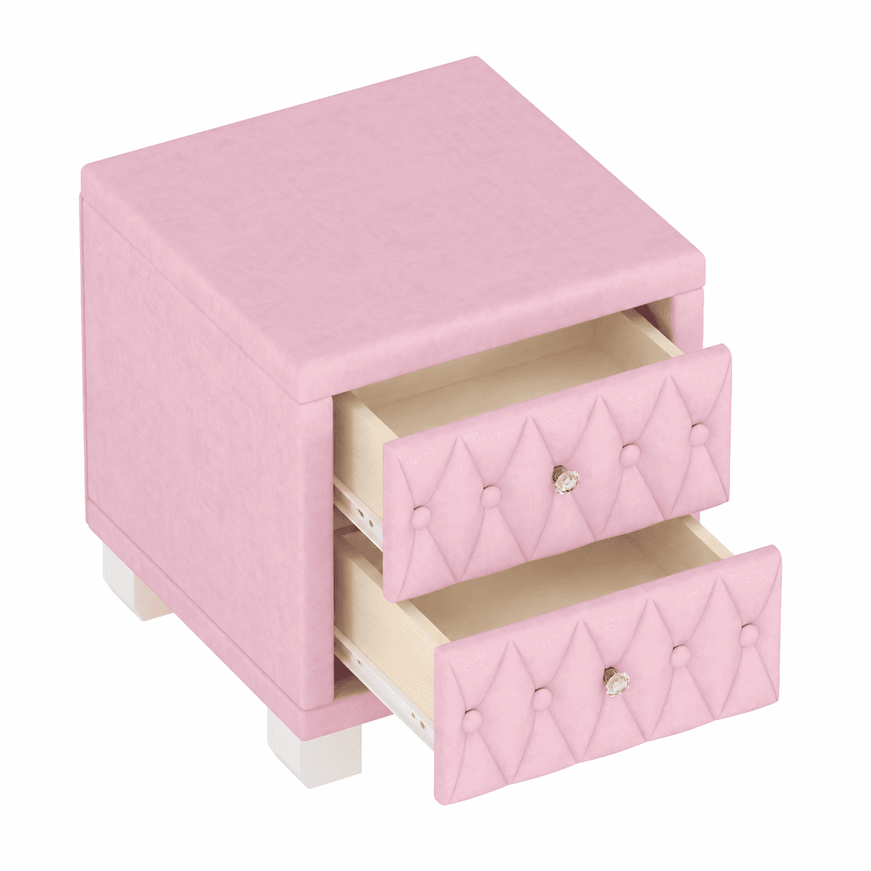GARITIN Elegant Velvet Nightstand with 2 Drawers & Crystal Handle, Storage Bedside Table with Button-Tufted Design for Bedroom Guest Room, Pink