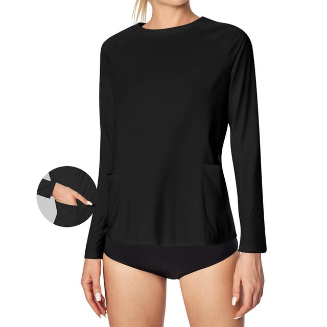 Xdegoge Long Sleeve Rash Guard for Women Crewneck Athletic Swim Shirts with Side Pockets Quick Dry Sun Protection Rashguard Lightweight Stretchy Surfing Swimming Workout Running Activewear