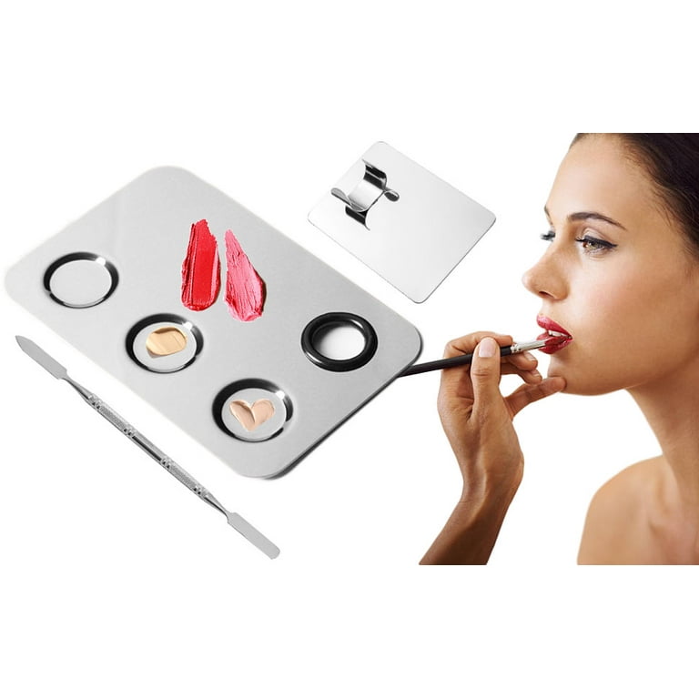 Fastcar7 Cosmetic Palette with Mini Ring Palette and Spatula Set Tool 3-Wells Stainless Steel Mixing Makeup Palette Women Cosmetic Palette for Makeup