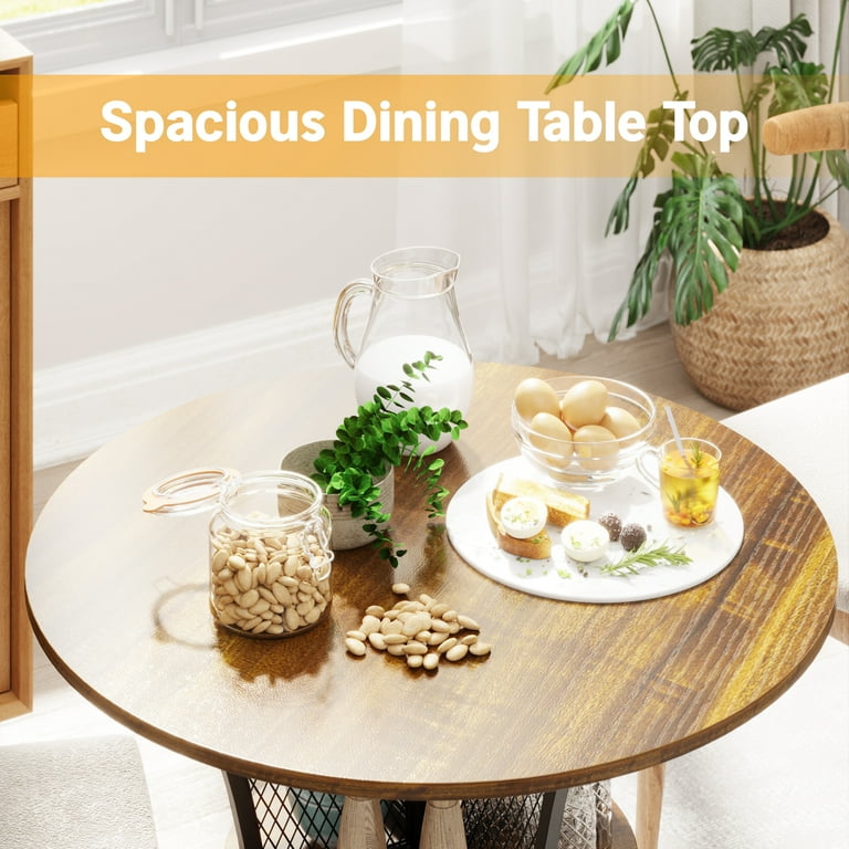 Yoneston 30 Inch Round Dining Table Wood Metal Base Kitchen Table with 8 Storage Shelves for Bistro Kitchen Dining Room Living Room Rustic Brown