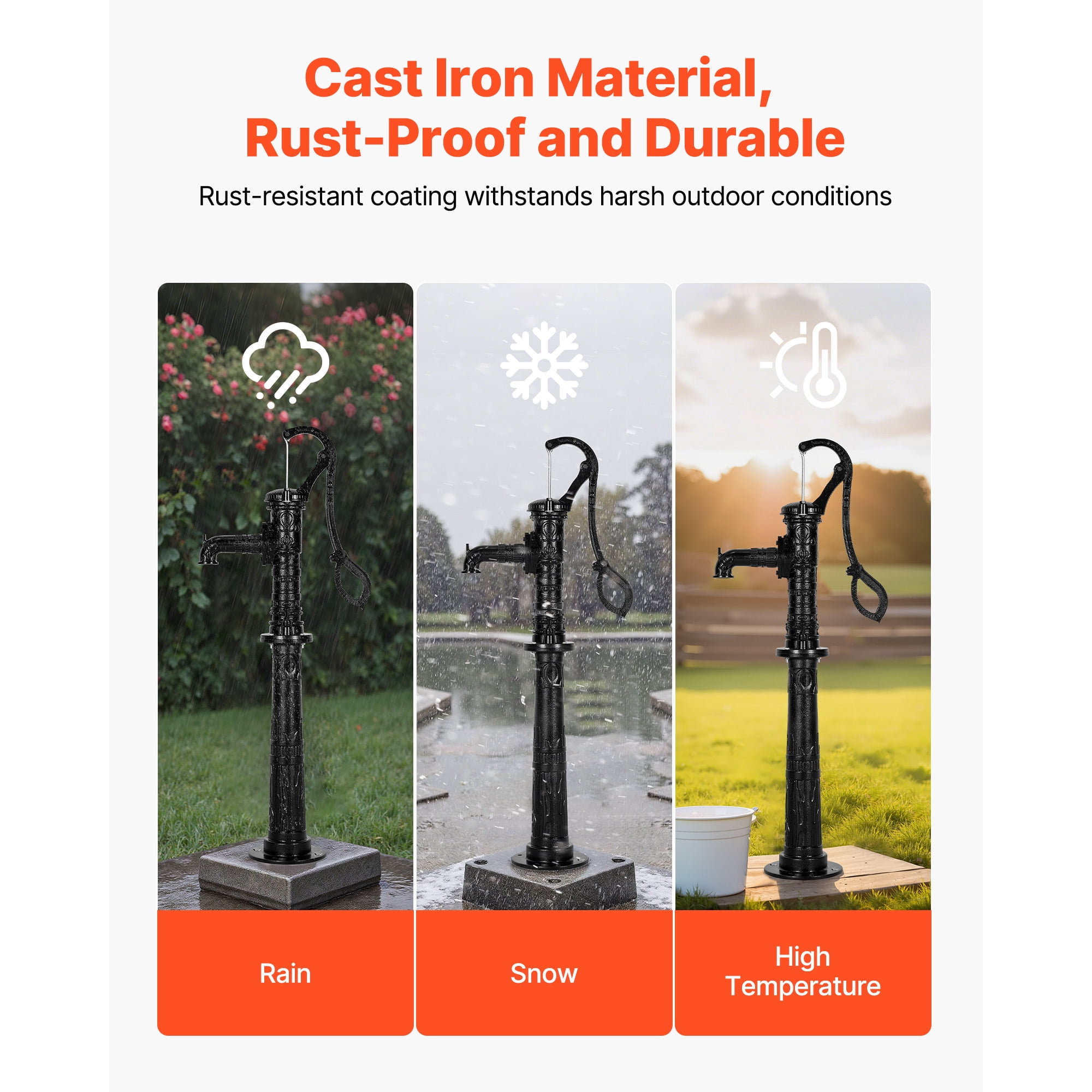 KFFKFF Cast Iron Hand Well Pump  with Base, 20 ft Max Lift, Antique  Manual Water Pump with NPT 1-1/4 in Connection, Decorative Pitcher Pump  for Gardens, Ponds, Yards, and Farms, Black