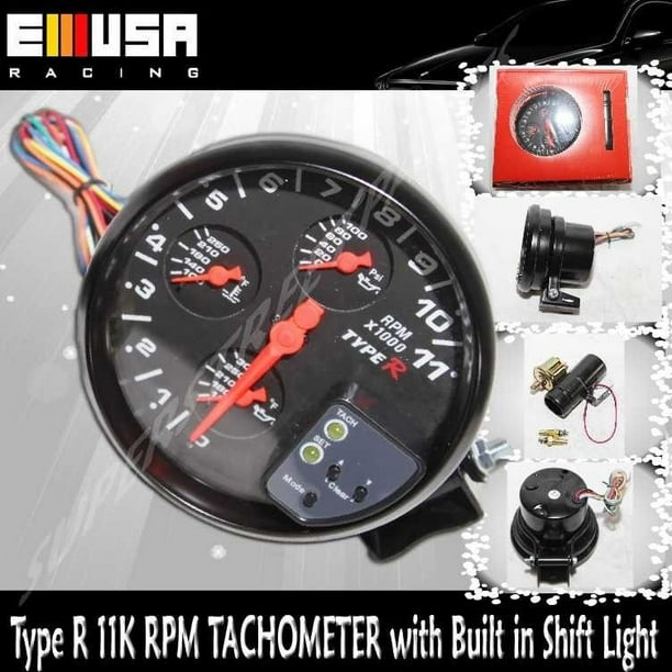 5" 4 in 1 BLACK Tachometer w/ OT WT OP Tach Shift LT.* 11K RPM Type R 5