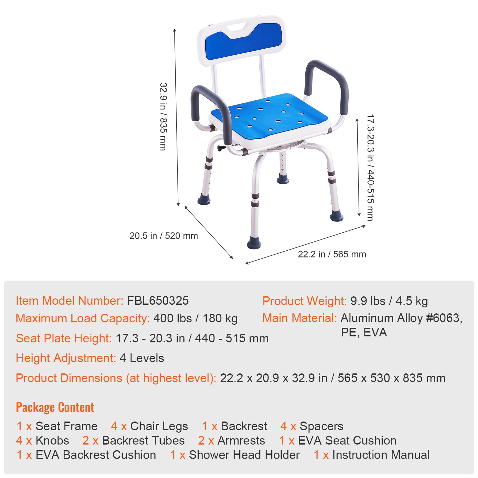 KFFKFF Rotating Bath Chair, 360° Swivel, with Supportive Armrests & Back, Secure & Stable for Shower/Bathtub Use, Ideal for Seniors & Mobility Impaired, Supports up to 400lbs