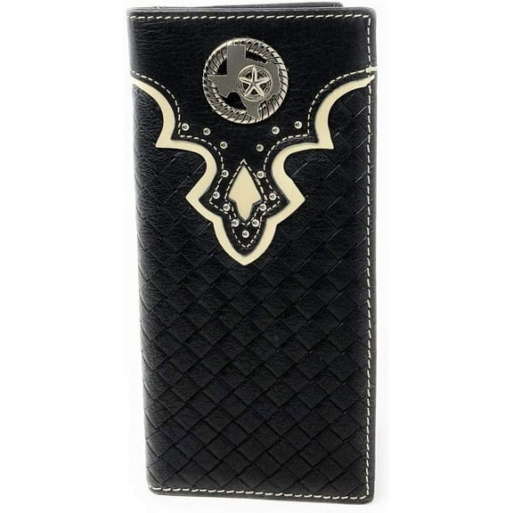 Western RFID Genuine Leather Basketweave Texas State Map Metal Concho Mens Long Bifold Wallet in 2 Color