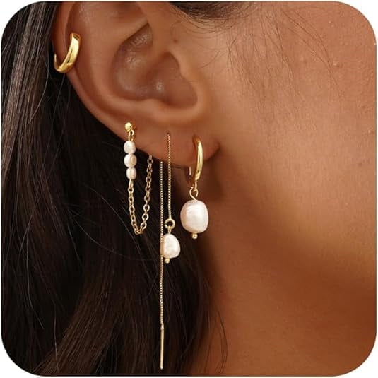 Auckpure Pearl Dangle Hoop Earrings for Women - Dainty Hypoallergenic 14K Gold Plated Small Drop Chain Hoops Trendy Earring Sets for Multiple Piercing Jewelry