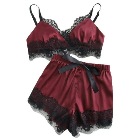 

Mishuowoti Women Sleepwear Sleeveless Strap Nightwear Lace Trim Satin Top Pajama Sets