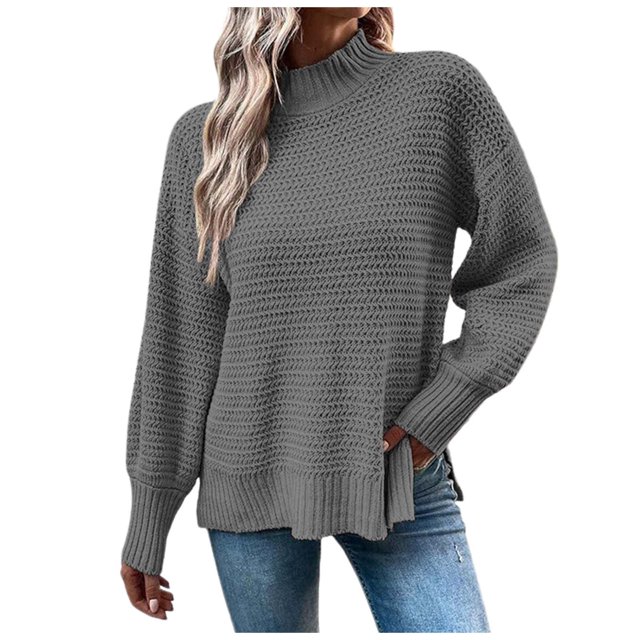 aDJFDGT Open Knit Sweaters for Women Summer Ladies' Loose Pullover Sweater Round Neck Split Hem Sleeve Solid Color Knit Sweater