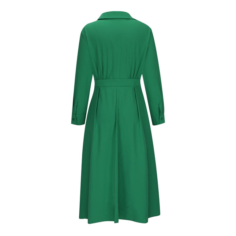 navy blue dress for baby girl Brilliant Winter Dresses for Women Clearance Women's Casual Turn-down  Collar Long Sleeve Waist Solid Long Dresses Green S