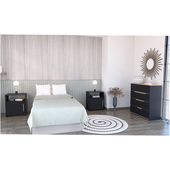 JERFIT 3-Piece Bedroom Set with Dresser and 2 Nightstands, Black and Light Oak Finish, Particle Board Bedroom Furniture Combo