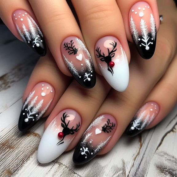 Christmas Press On Nails Almond Medium Fake Nails With Nail Glue Acrylic Nail Press Ons Christmas False Nails With Elk Designs Winter Gradient Full Cover Stick On Nails For Women 24Pcs