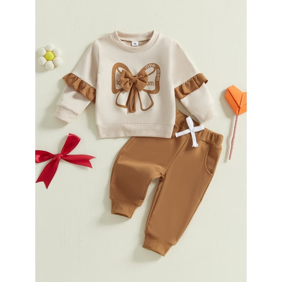 Loicainy Baby Toddler Girls 2-piece Outfit, 6 12 18 24 Months 2T 3T Long Sleeve Crew Neck Bow Sweatshirt with Elastic Waist Sweatpants Fall Clothes Set