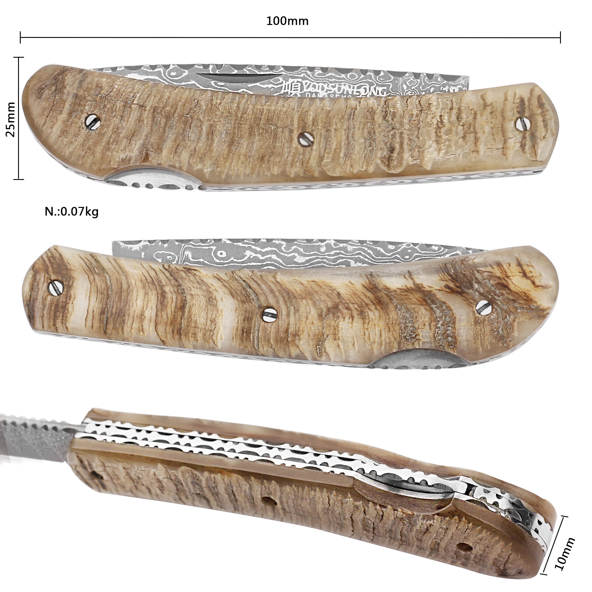 YOUSUNLONG Folding Knife Pocket Knife Overall 175mm - Japanese Damascus Steel Natural Antelope Horn Handle
