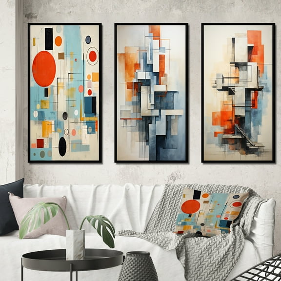 Designart "Blue Orange Mid Century modern Retro" Abstract Framed Wall Art Set Of 3 - Blue Midcentury Frame Gallery Wall Set For Home Decor