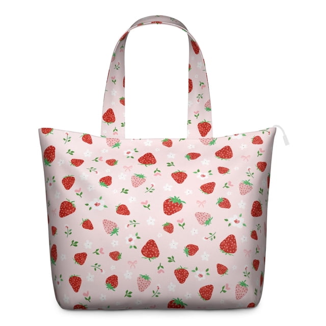 Large Capacity Travel Tote Bag Featuring Strawberry Lover Sweet Berry Prints Lightweight Weekender Bag with Fresh Summer Fruit Flowers, Multipurpose Use