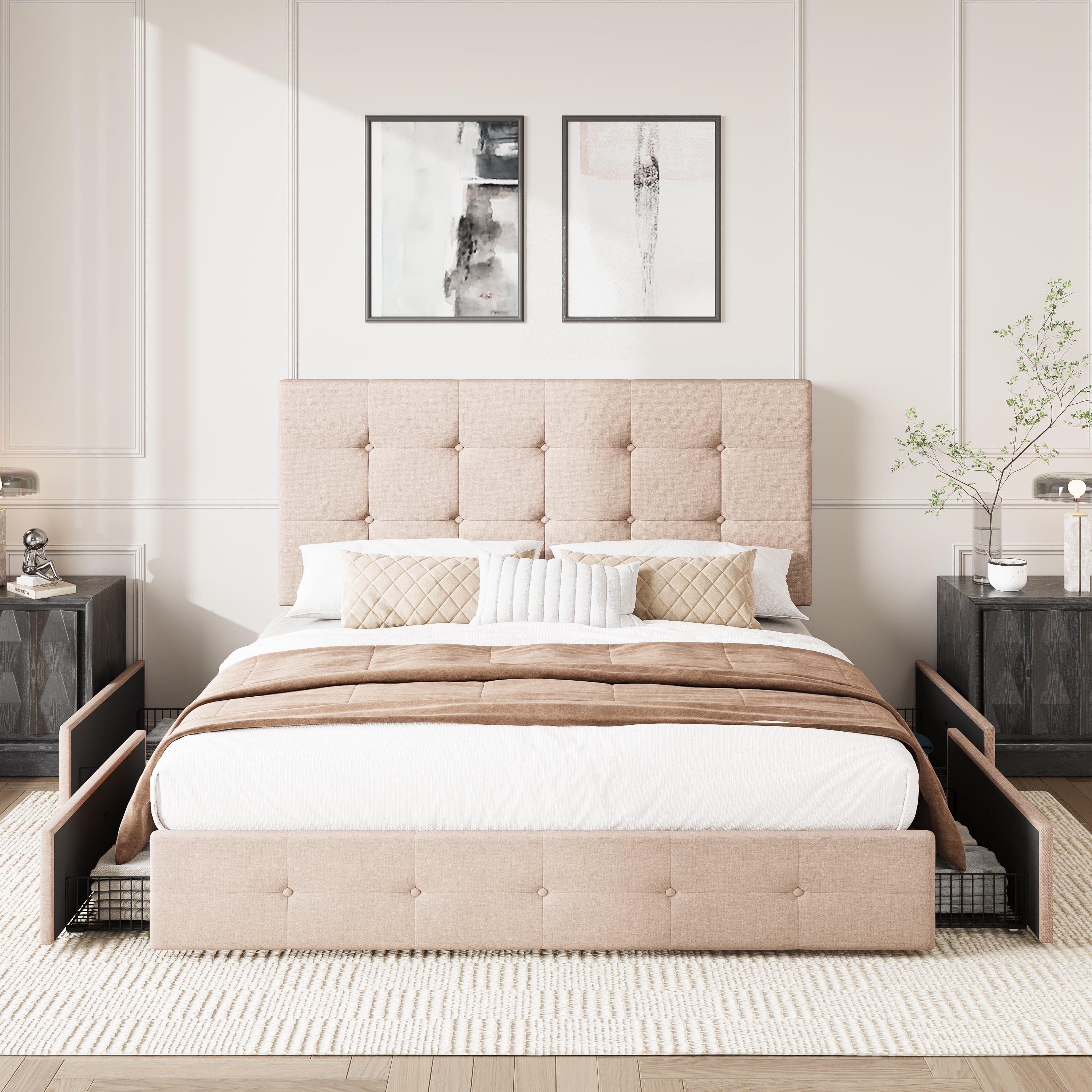 Amolife Queen Size Platform Bed Frame with Square-stitched Headboard and 4 Drawers, Beige