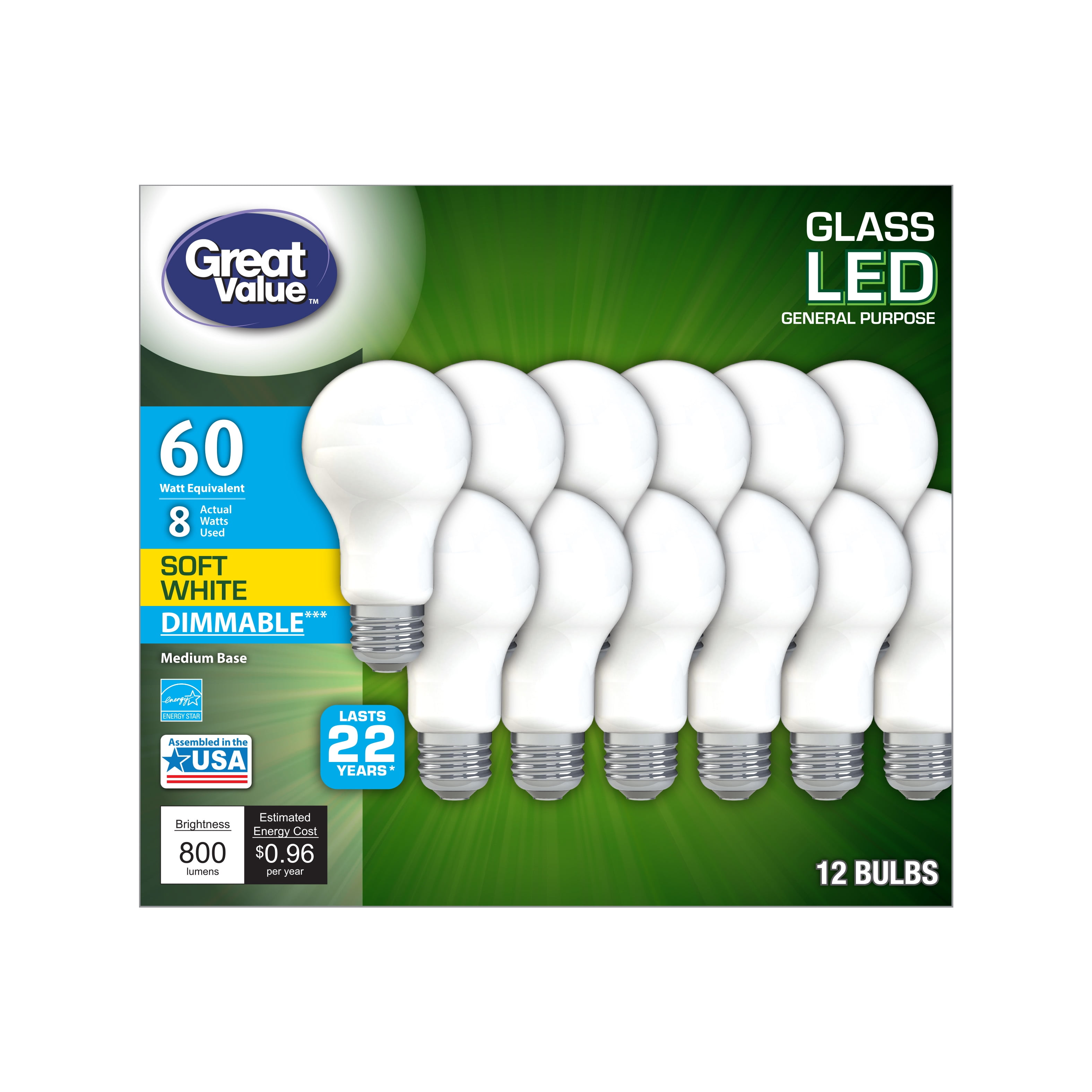 Great Value LED 8-Watt (60W Soft White General Purpose Light Medium Base, Year Life, 12pk - Walmart.com