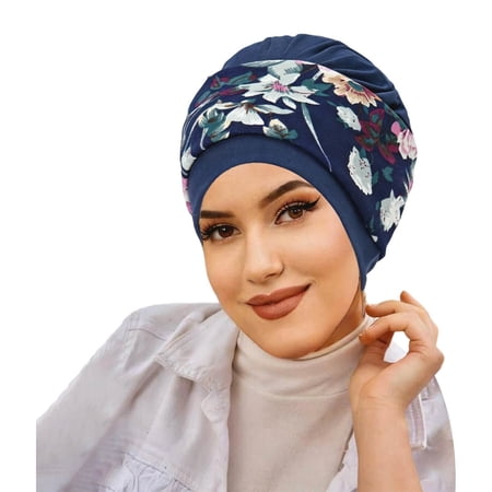 AJGRHE Heardband Scarf Floral Print Turban Hat Wrap Cover For Street Style Daily Wear Accessory Breathable Lightweight Comfortable Soft Navy