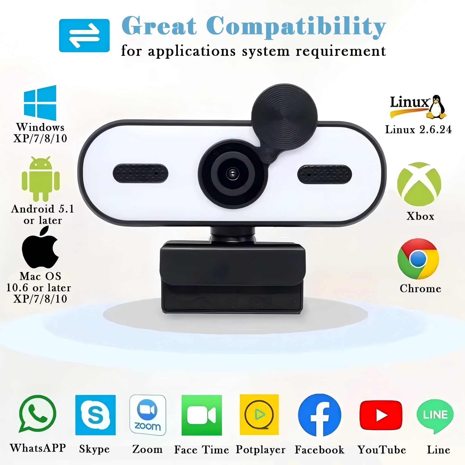 RONY 4K Webcam with Dual Mics, Video Streaming Camera with Ring Light for  Windows 11/10/8/7, Vista/7/8/10, Mac, Android, Linux