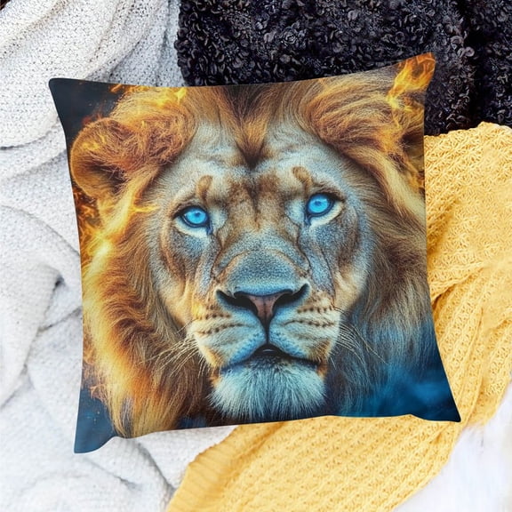 ZFLMY Lion Theme Decorative Pillow Case Square Cushion Cover for Home Sofa Couch - 100% Linen, Set of 1, 3 Sizes 18x18in