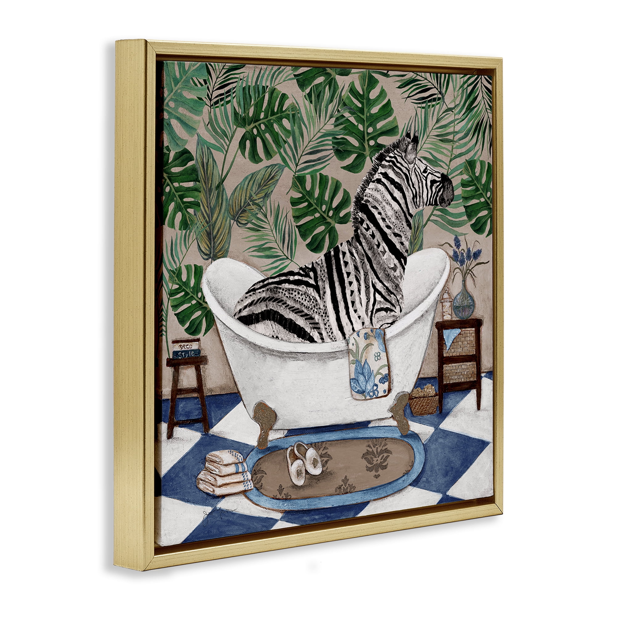 Stupell Industries Zebra in Tropical Bathtub Gold Framed Floater Canvas Wall Art, design by Janet Tava