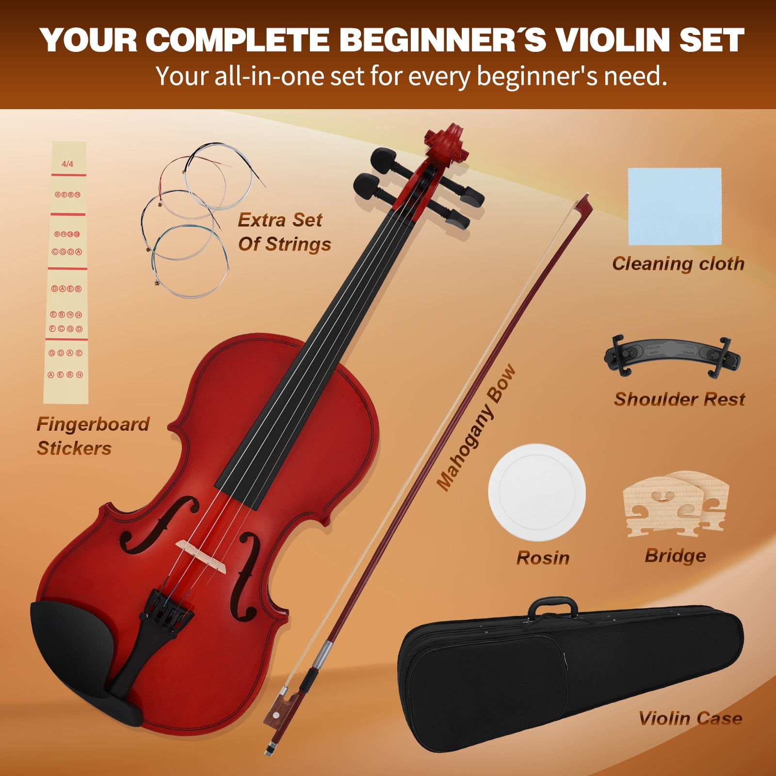 MUSTAR 4/4 Full Classic Violin Set with Bow, Rosins, Hard Case, Mute, Fingerboard Stickers, Shoulder Rest, Beginner Kit (Red Brown)