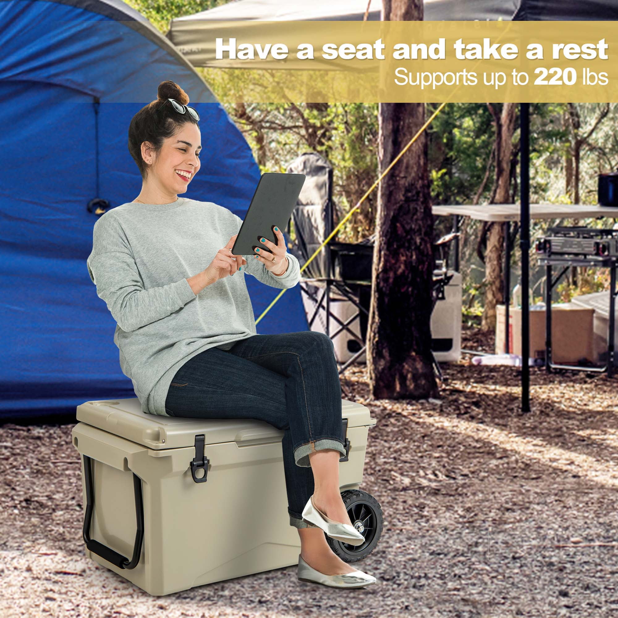 Costway 75 Qt Portable Cooler Roto Molded Ice Chest Insulated 5-7 Days with wheels Handle Tan