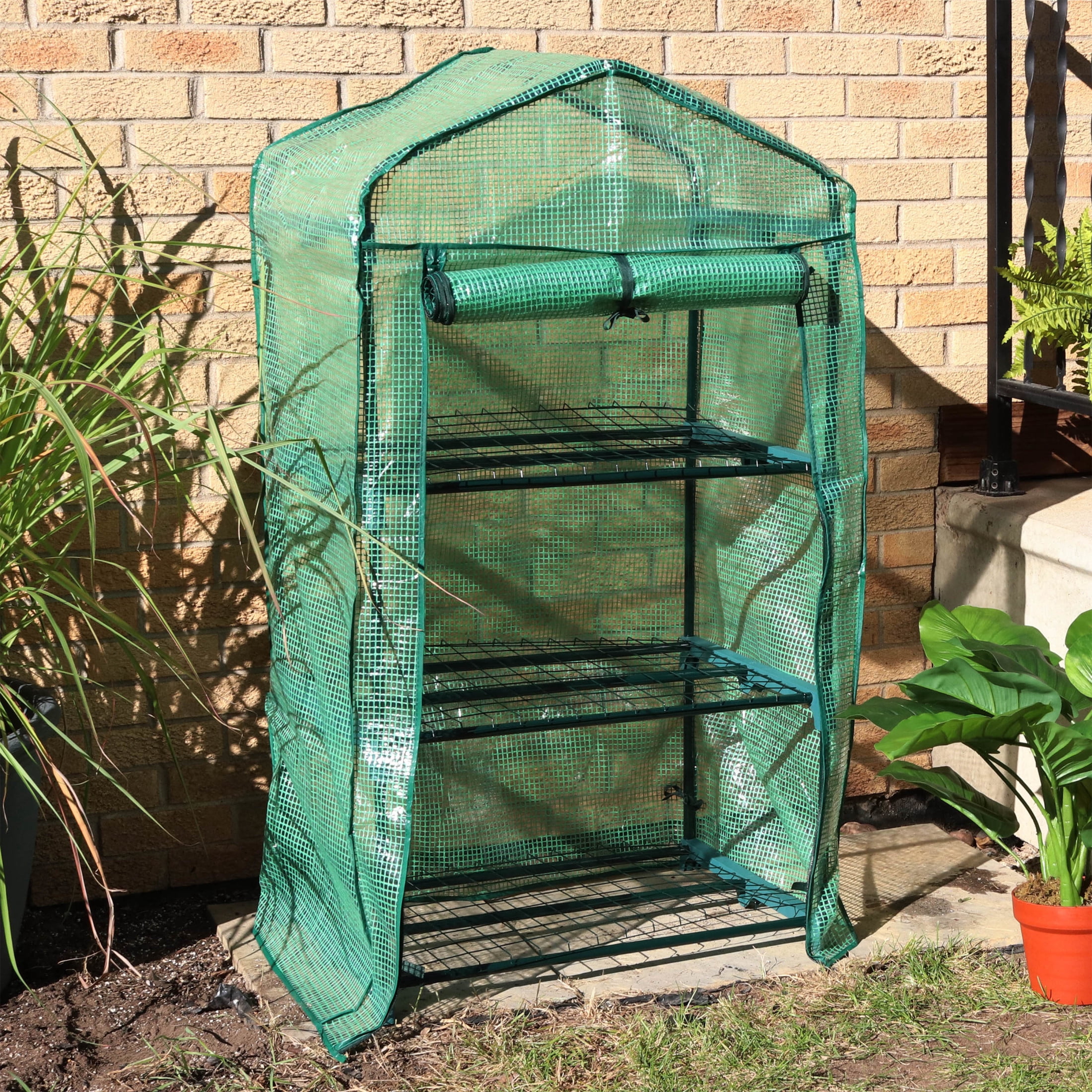 Sunnydaze 2' x 1.5' x 4' Outdoor Portable 3-Tier Mini Greenhouse, Green Cover