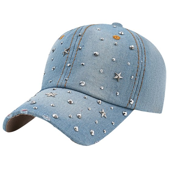 Panel Studded Denim Casual Adjustable Baseball Cap Hats for Men and Women