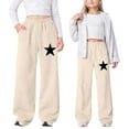 thumbnail image 2 of Kids Girls Sweatpants Star Printed Elastic Waist Wide Leg Pants with Pockets Beige Sweatpants Girls 10-11 Years Clothes, 2 of 4