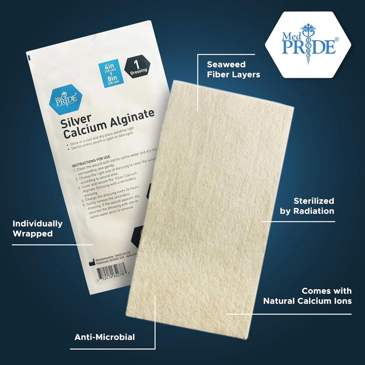 MED PRIDE Silver Calcium Alginate Non Stick Wound Pads, 4 X 8 Inch, 5 Count Sterile, Highly Absorbent