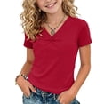 thumbnail image 3 of Acaics Girls Short Sleeve Ruched V Neck Basic T-Shirt, Soft Stretch Solid Color Casual Summer Tee Top for Kids Girls 4 to 15 Years Old, 3 of 11