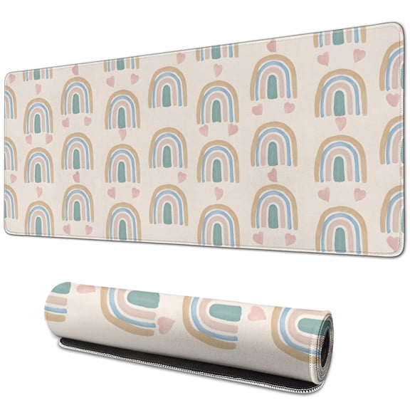 Long Mouse Pads for Desk,Beige Boho Bohemia Rainbows Hearts Desk Mats on Top Of Desks, Desk Mouse Pad Extra Large with 3mm Non-Slip Base and Stitched Edge for Gaming,Work,Home 31.5"x11.8"