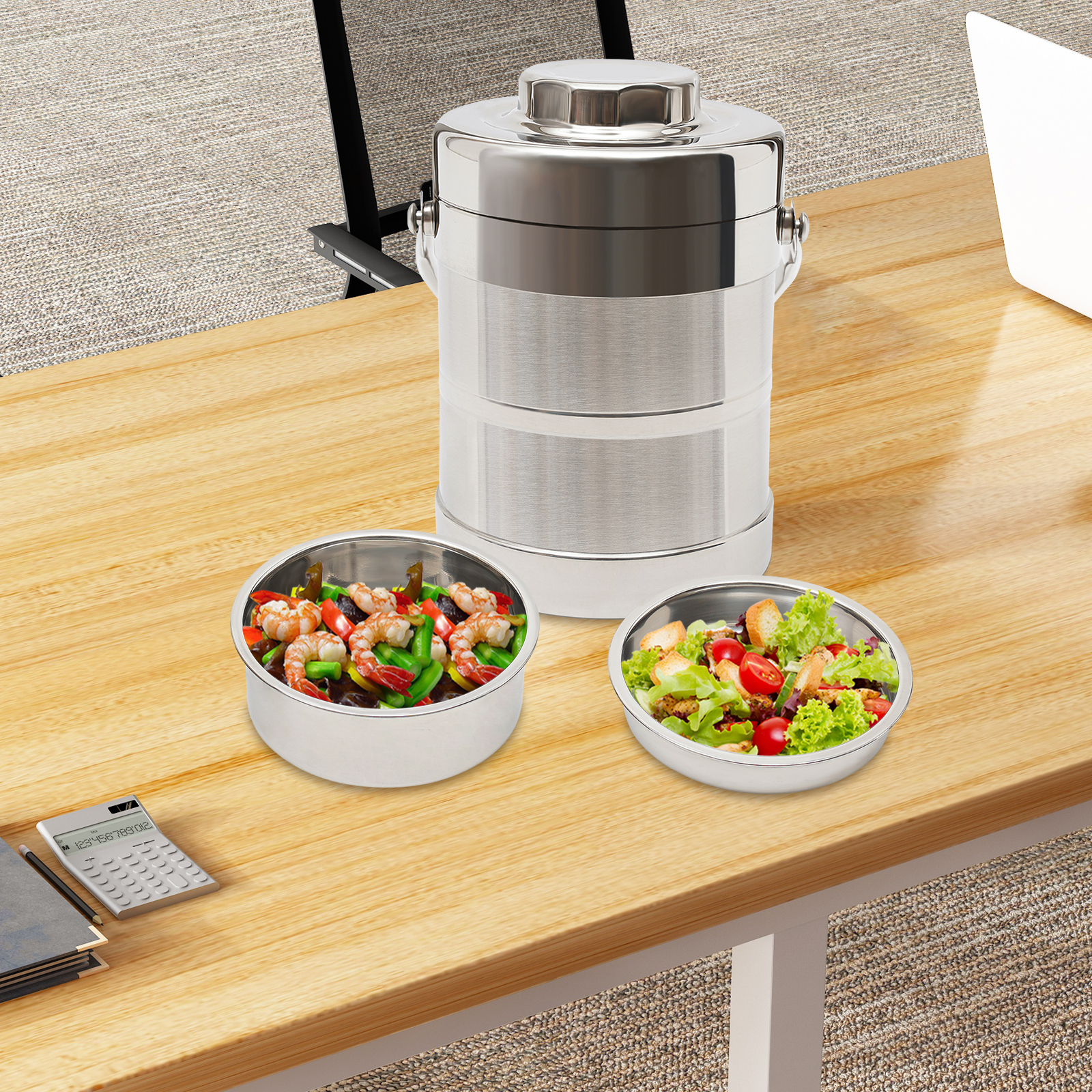 Multi-Compartment Insulated Lunch Box, 1.4L Capacity Stainless Steel Food Container, 3-Hour Thermal Retention for Office Use