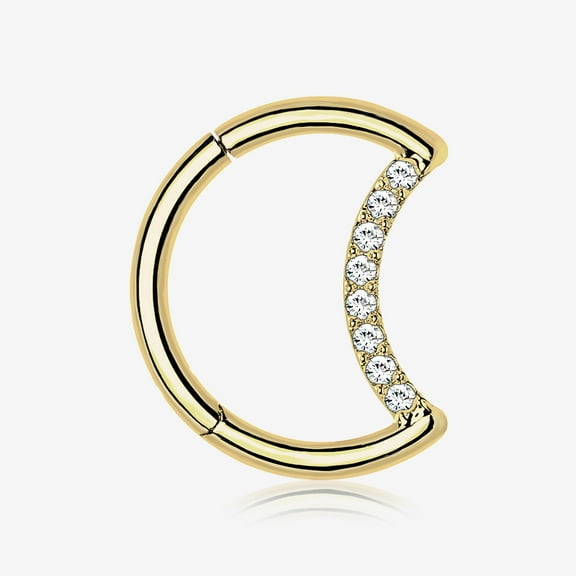 BM25 Implant Grade Titanium Golden Crescent Moon Sparkle Clicker Hoop Ring-Clear Gem