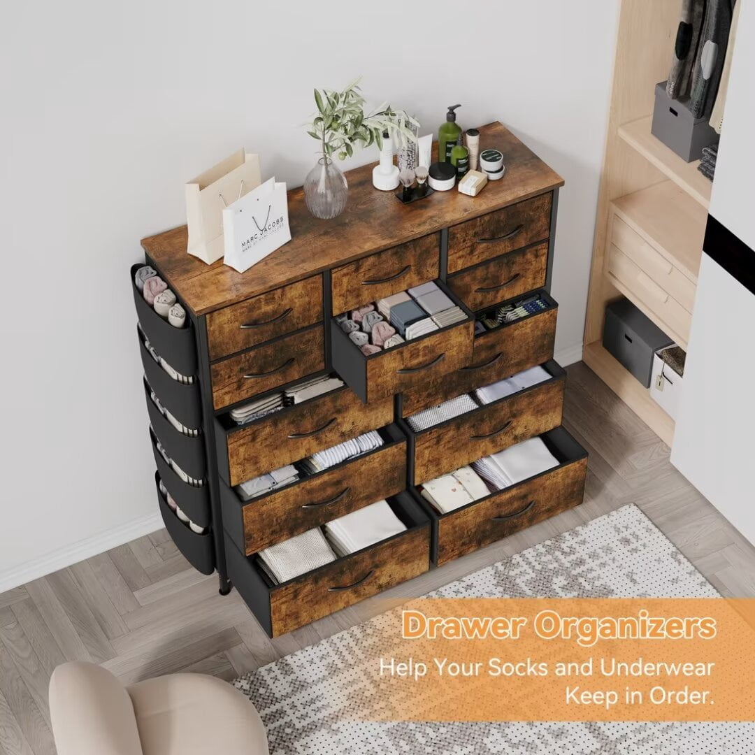 Dresser for Bedroom with 12 Drawers, Wide Fabric Dressers of Drawers with Side Pockets, Chest of Drawers for Living Room, Closet, Hallway, Brown
