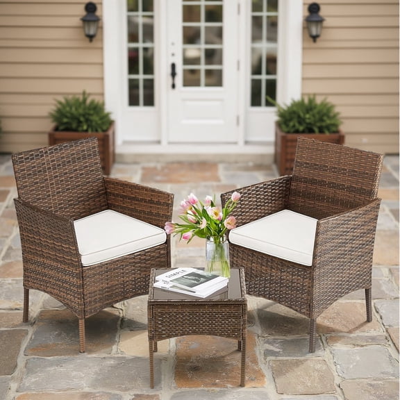 Nextay 3PCS Patio Furniture Set, Outdoor Wicker Furniture with Coffee Table, Modern Rattan Patio Chairs Conversation Sets for Garden, Terrace, Porch, Balconies, Lawns, Brown