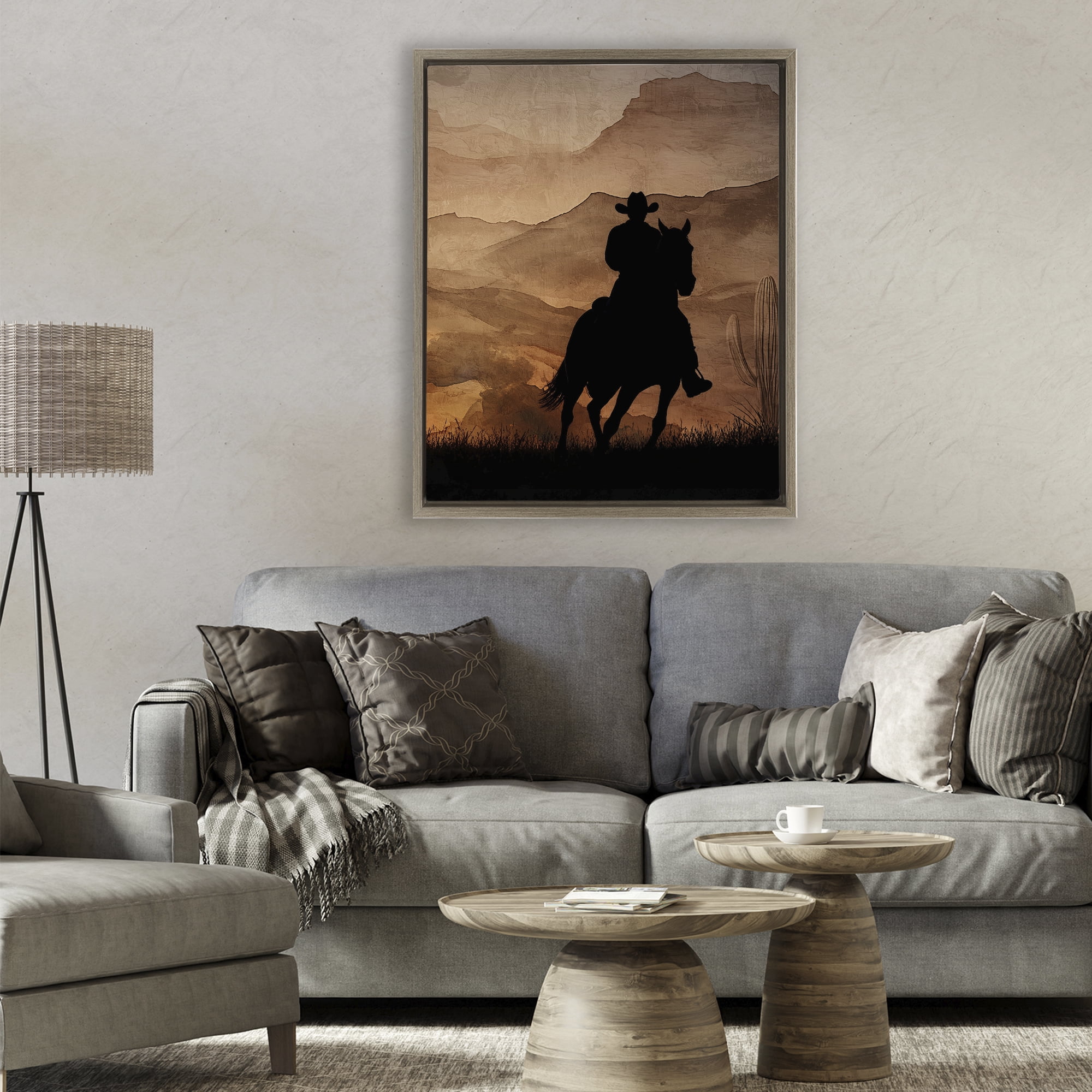 Stupell Industries Cowboy's Sunset Ride Brown Framed Floater Canvas Wall Art, design by Kim Allen