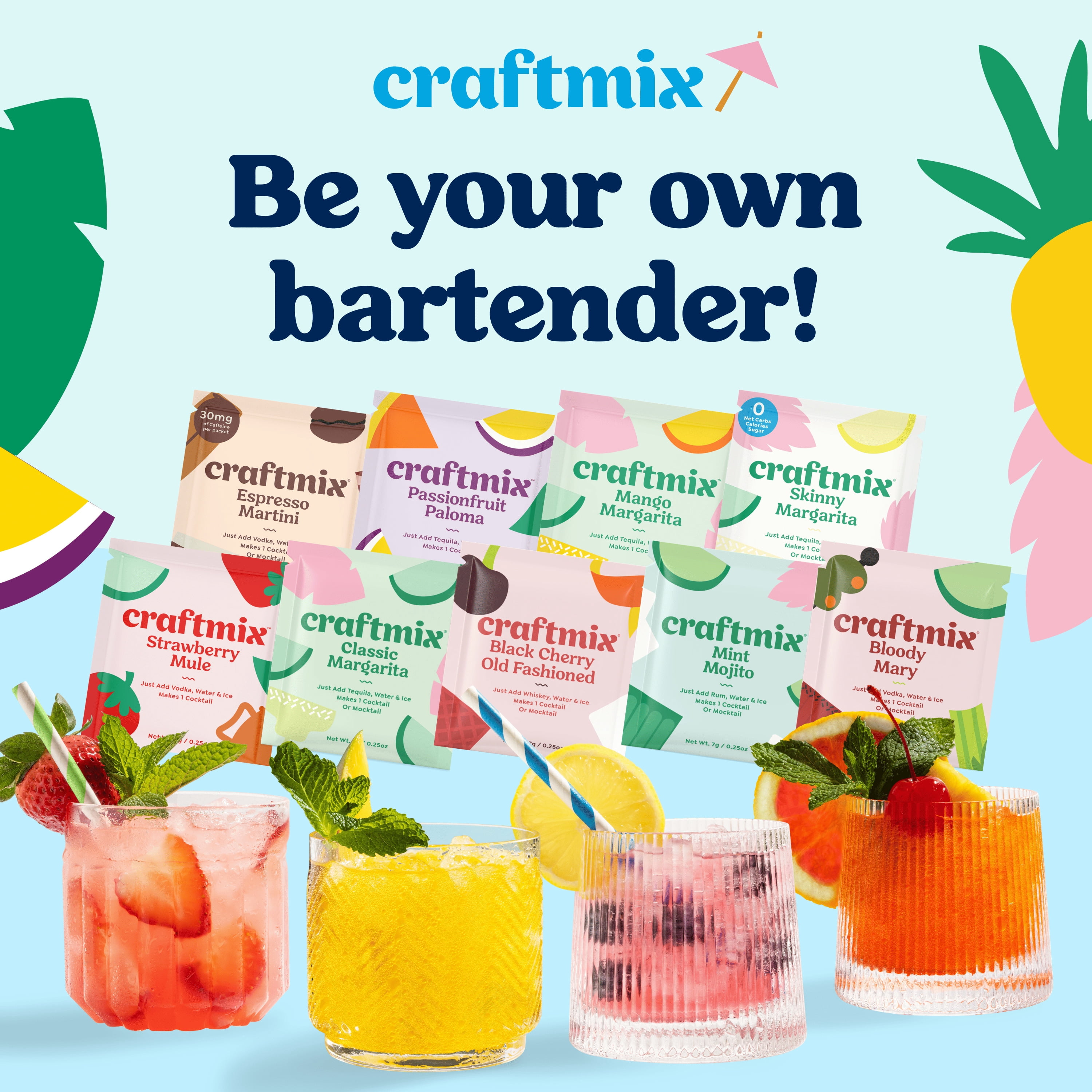 Craftmix Variety Pack, Makes 12 Drinks, Skinny Cocktail Mixers, Mocktails Non-Alcoholic Drinks - Made With Real Fruit - Vegan Low-Carb, Low-Sugar, Non-GMO, Dairy Free, Gluten Free, Easy to Mix