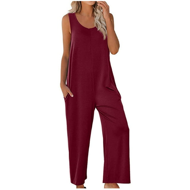 Yuyuzo Womens Jumpsuits Sleeveless V Neck Straight Leg Solid Color One-Piece Fall Casual Rompers for Women
