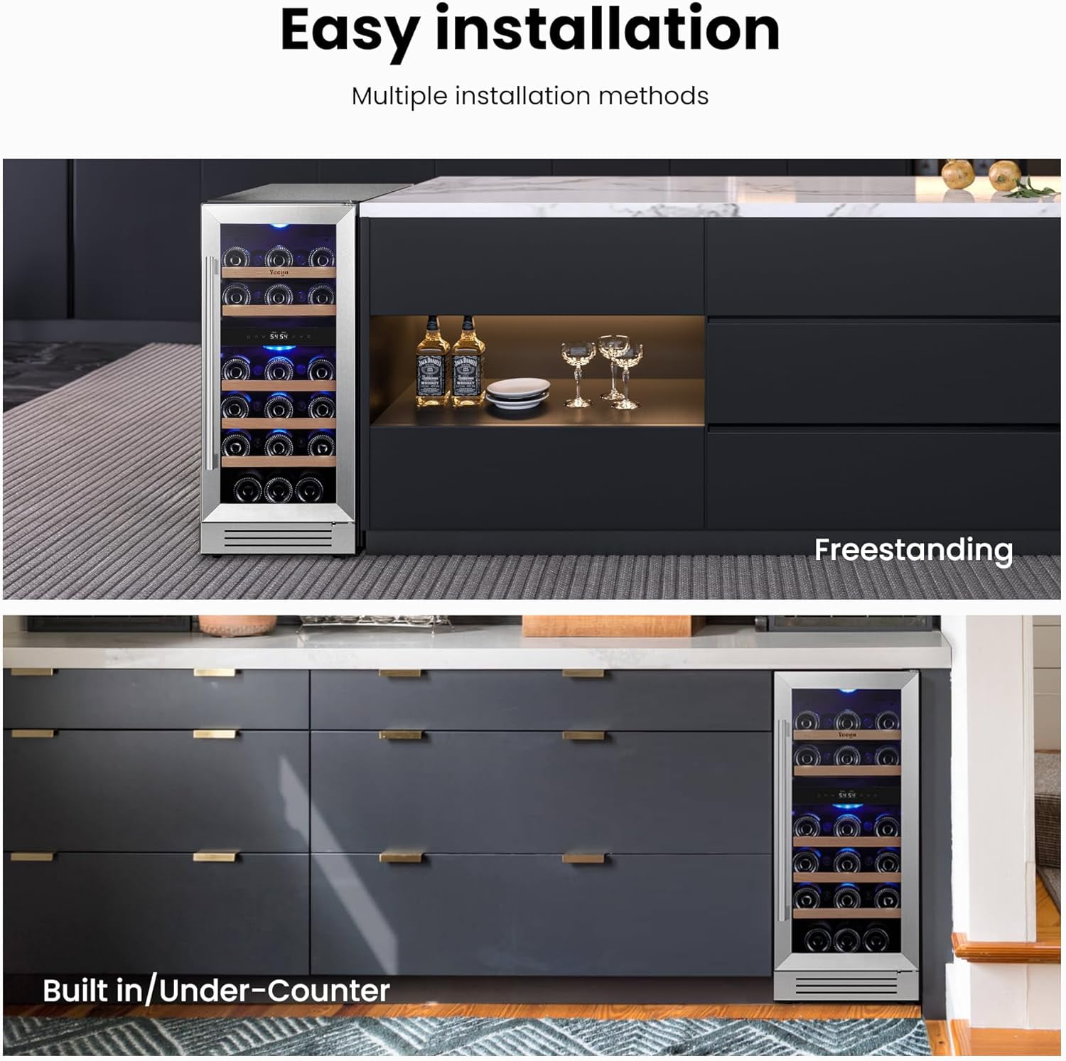 Yeego 15 Inch Dual Zone Wine Fridge Cooler, Holds 28 Bottles, 40-65°F Wine Refrigerator with Glass Door, Built-in and Freestanding Under Counter