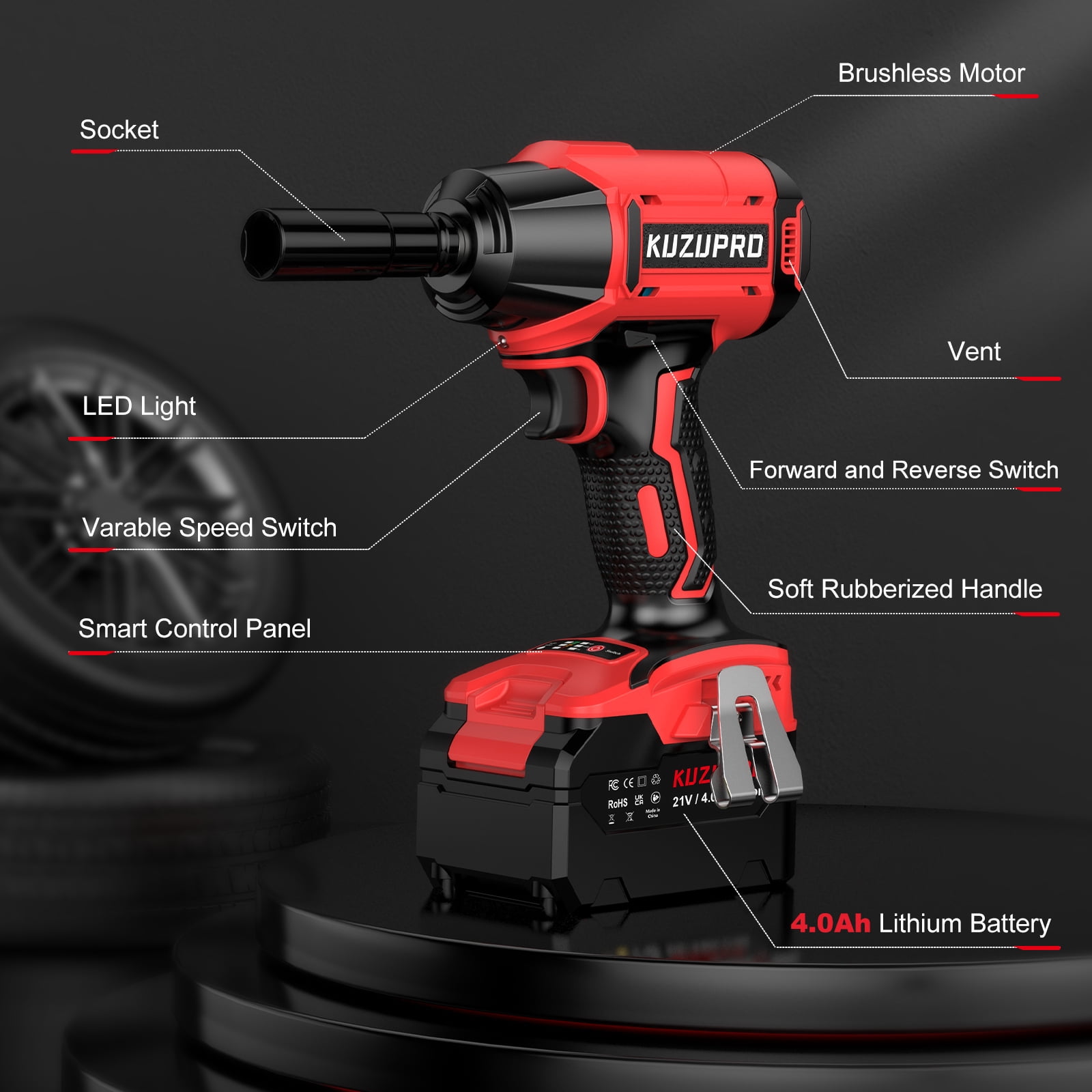 KUZUPRO Cordless Impact Wrench, Power Impact Gun 21V, 1/2 Inch, 4.0Ah Battery, 3100RPM & Max Torque 550N.m with 4 Impact Sockets, 6 Screwdriver Bits, 1 Hex Adapter for Car