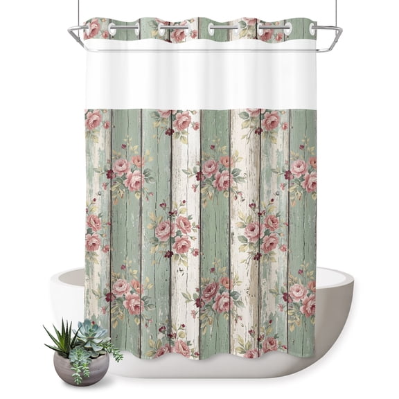 No Hook Shower Curtain, Sage Green Wooden Shower Curtains for Bathroom with See Through Top Window, Farmhouse Pink Florals Distressed Waterproof & Washable Bath Curtain Extra Long 72"x84"