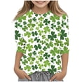 thumbnail image 2 of POTETI St Patricks Day Girls Shirt Lucky Clover 3/4 Sleeve Crew Neck Shirt Tops, 2 of 5