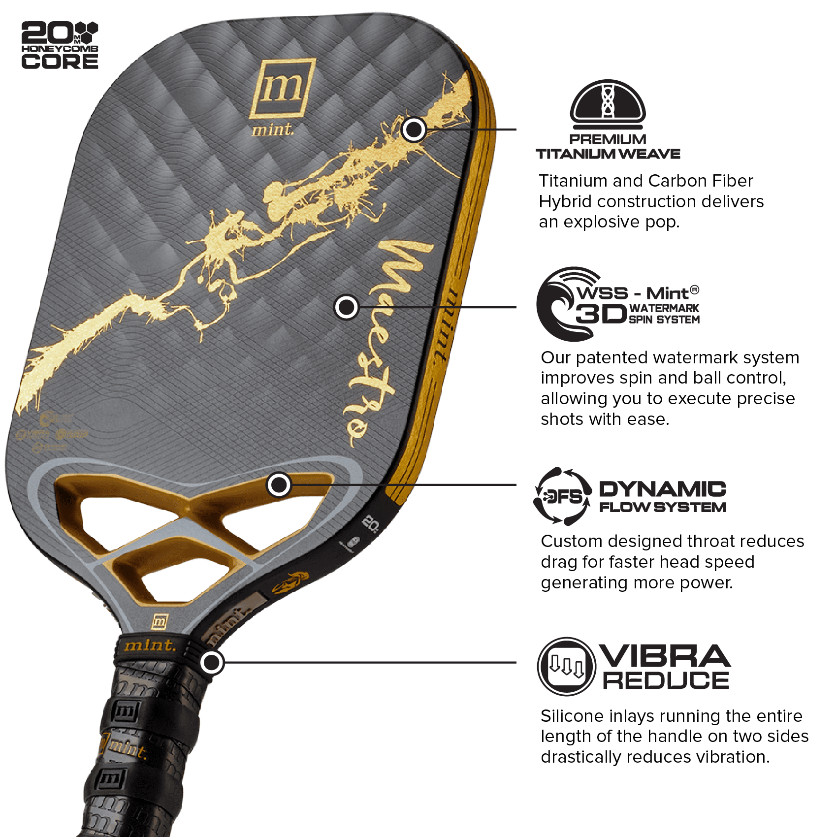 Mint Sport Maestro Pickleball Paddle, Titanium Carbon Fiber Hybrid Face, 20mm Polypropylene Core, Thermoformed Edgeless Design, USAPA Approved