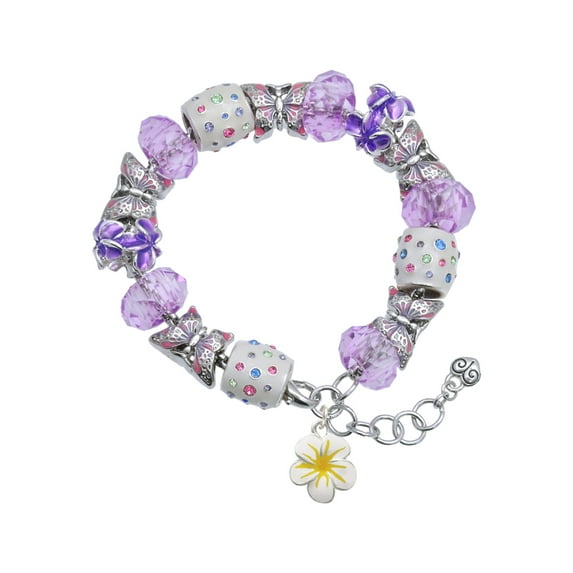 Delight Jewelry Silvertone White and Yellow Flower Purple Butterfly Bead Charm Bracelet, 7"+1" Extender