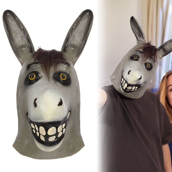 IROOZIGOTO Adult Donkey Full Head Mask Gray 3D Realistic Funny Animal Latex Halloween Cosplay Party Costume Prop
