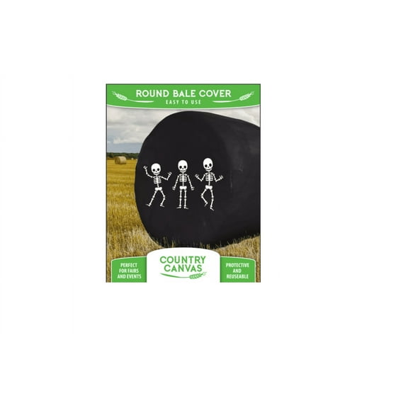 Country Canvas Hay Bale Cover, Black with Skeletons