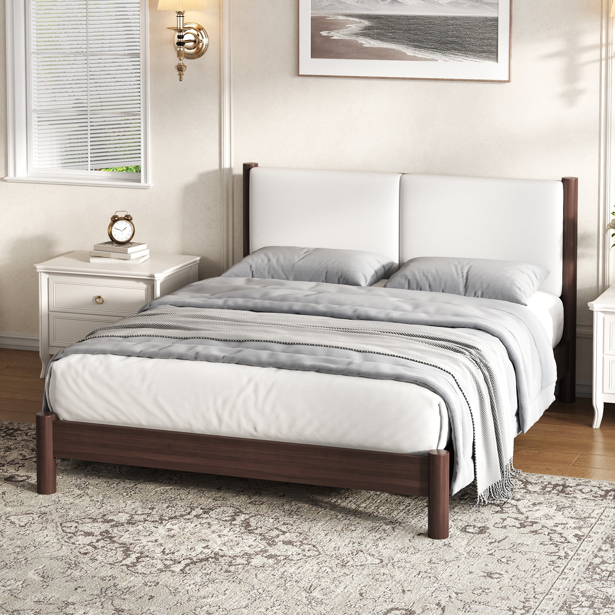 Euroco Wood Queen Size Platform Bed with PU Leather Headboard, No Box Spring Needed, Espresso