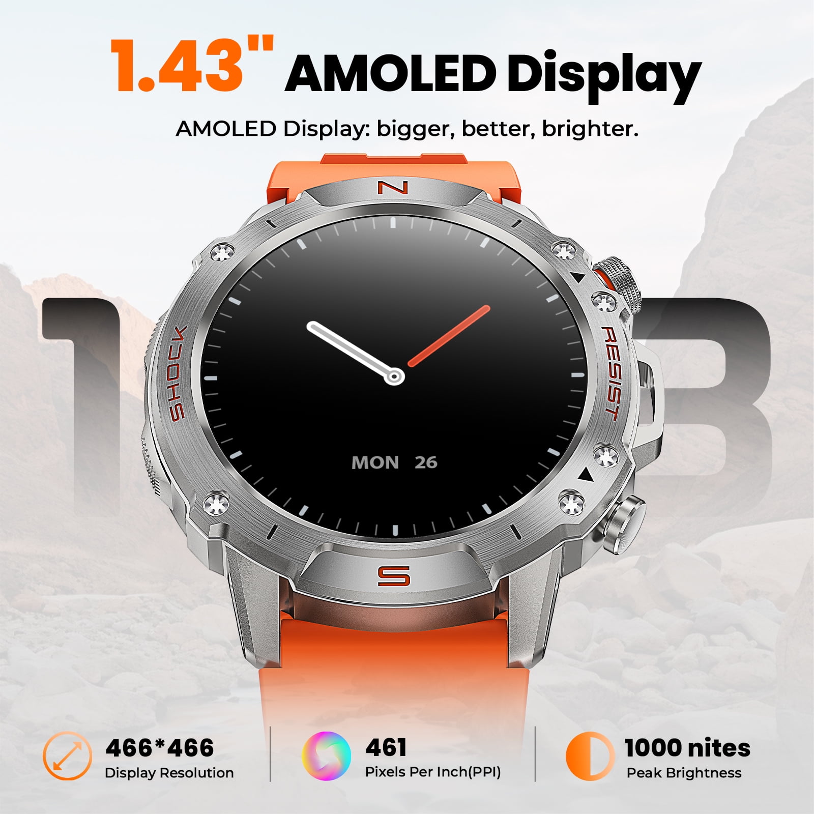 WalkerFit Smart Watch for Men, 1.43" Round AMOLED, 5ATM Waterproof, Long Battery, for iPhone Android